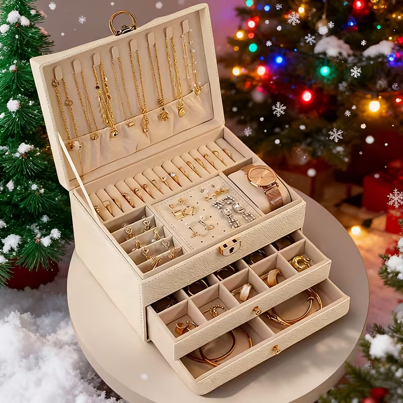 ३-तले ज्वेलरी बक्स — लक हुने ड्रअर, ठूलो भिल्भेट स्टोरेज, आभूषण सुरक्षित राख्ने। आमा र महिलाका लागि उपयुक्त उपहार।