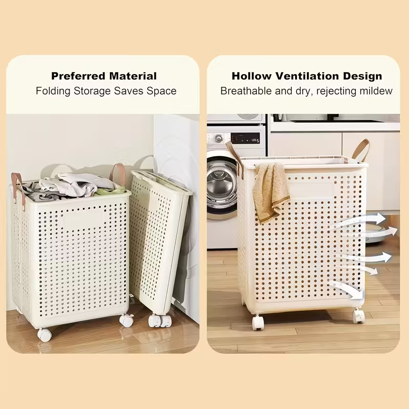 ठूलो फोल्डेबल ह्विल भएको लन्ड्री बास्केट — फक्स लेदर, बलियो र स्टाइलिश, बाथरुम/बाल्कोनीका लागि उपयुक्त, सजिलै मोड्न मिल्ने, बहु साइज उपलब्ध।