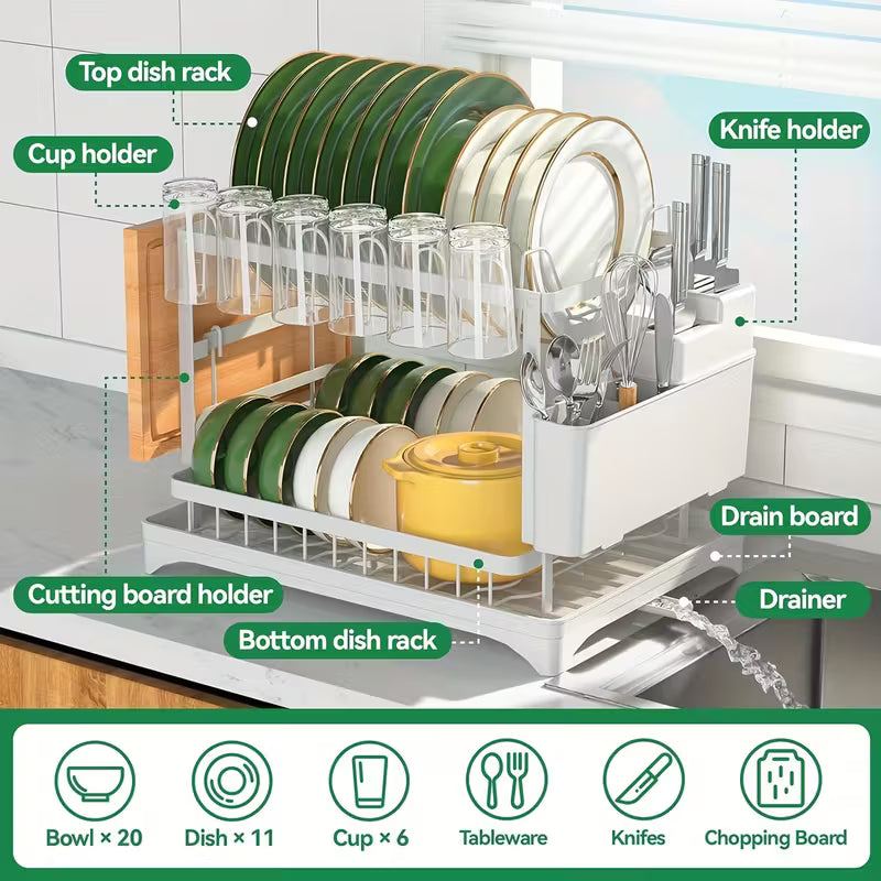 २-तह भारी-ड्युटी मेटल डिश ड्राइङ र्याक ड्रेनेज बोर्डसहित ✅