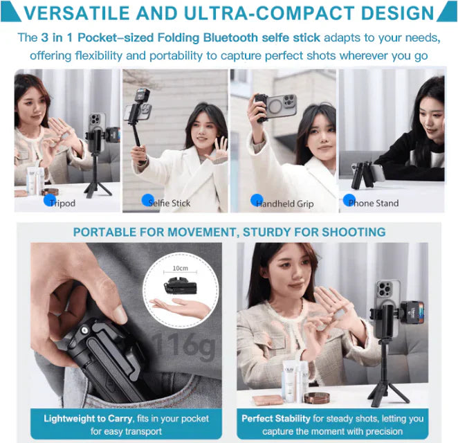 ३ इन १ पोकेट-साइज फोल्डिङ ब्लुटुथ सेल्फी स्टिक (इन-बिल्ट ट्राइपोडसहित) ✅