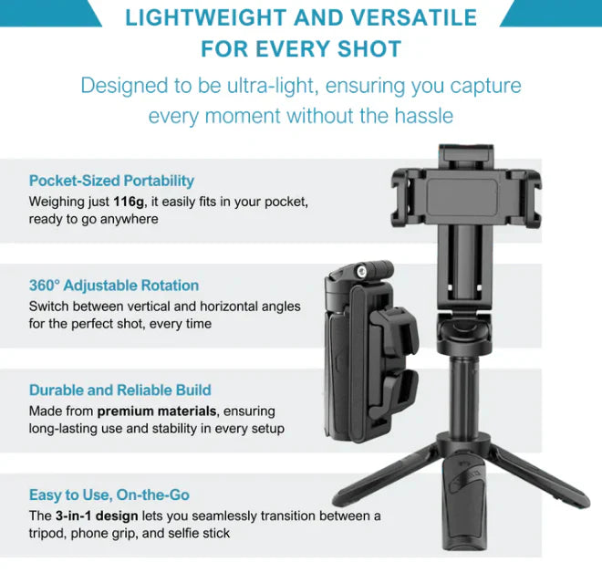 ३ इन १ पोकेट-साइज फोल्डिङ ब्लुटुथ सेल्फी स्टिक (इन-बिल्ट ट्राइपोडसहित) ✅