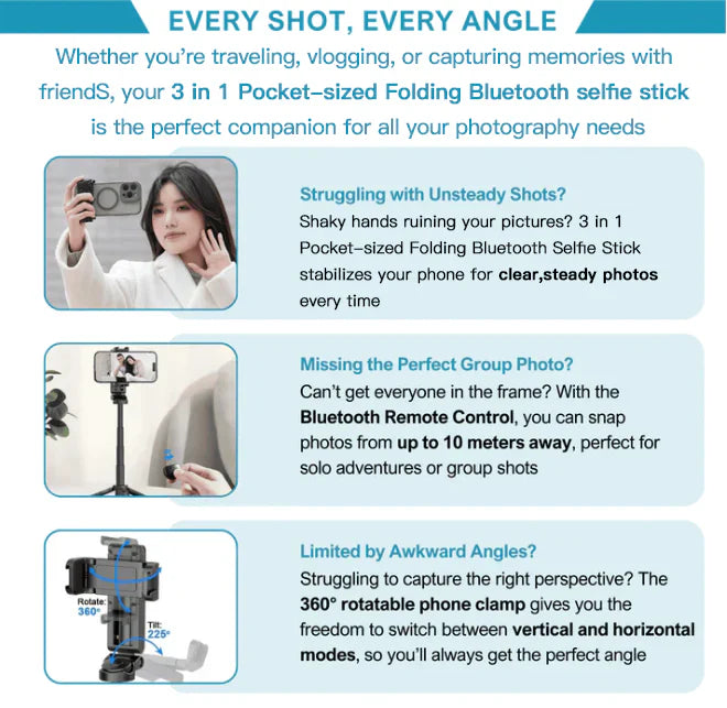 ३ इन १ पोकेट-साइज फोल्डिङ ब्लुटुथ सेल्फी स्टिक (इन-बिल्ट ट्राइपोडसहित) ✅