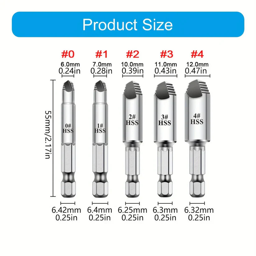 ५ वटा बिग्रिएका स्क्रू निकाल्ने ड्रिलहरूको सेट" ✅