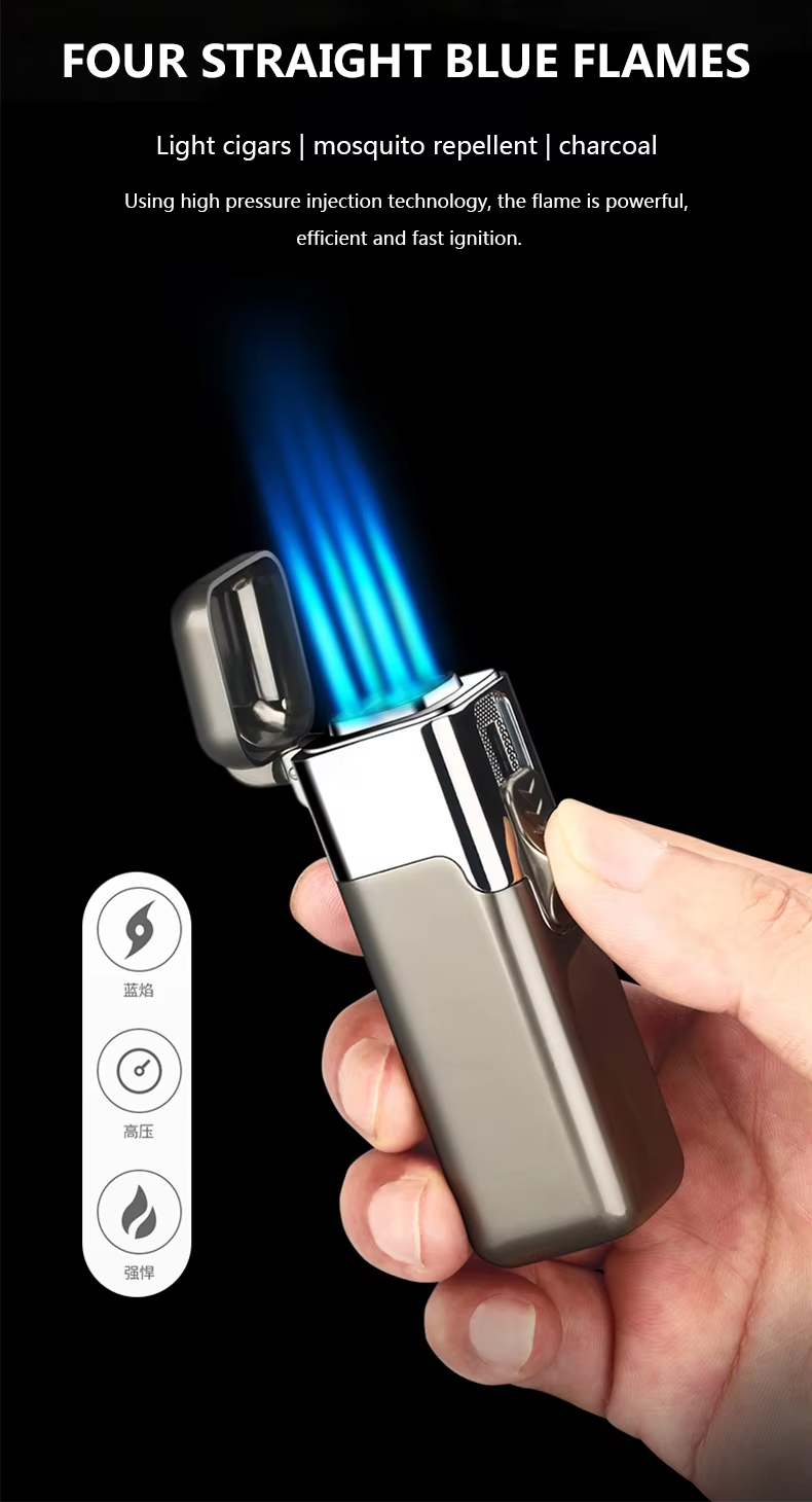 नयाँ क्रिएटिभ क्लासिक रिफिल योग्य फायरप्लेस ग्यास 4-जेट फ्लेम सिगार टर्च – विन्डप्रूफ बुटेन लाइटर