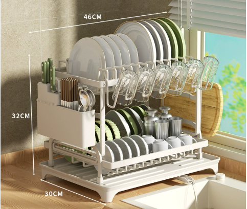२-तह भारी-ड्युटी मेटल डिश ड्राइङ र्‍याक ड्रेनेज बोर्डसहित ✅