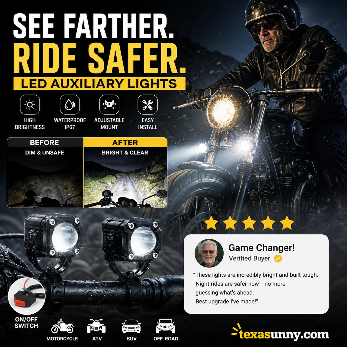 🏍️ Universal Motorcycle LED Spotlights – Dual Beam & All-Weather Waterproof 💡