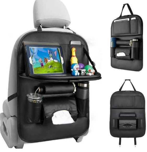 फोल्ड गर्न मिल्ने टेबलसहितको कार पछाडिको सिट छालाको अर्गनाइजर स्टोरेज ब्याग