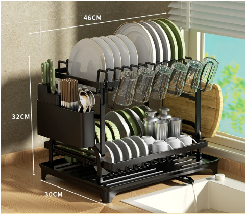 २-तह भारी-ड्युटी मेटल डिश ड्राइङ र्‍याक ड्रेनेज बोर्डसहित ✅