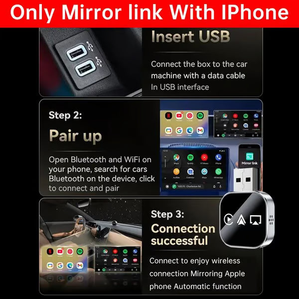 📶 3 in 1 Screen Mirror iOS Phone, wired to wireless Carplay adapter