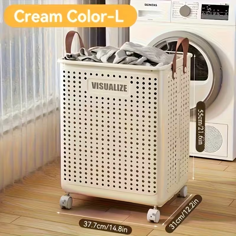 ठूलो फोल्डेबल ह्विल भएको लन्ड्री बास्केट — फक्स लेदर, बलियो र स्टाइलिश, बाथरुम/बाल्कोनीका लागि उपयुक्त, सजिलै मोड्न मिल्ने, बहु साइज उपलब्ध।