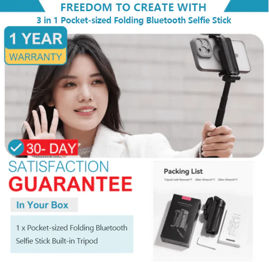 3 in 1 Pocket-sized Folding Bluetooth Selfie Stick Built-in Tripod