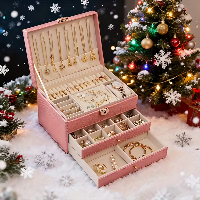 ३-तले ज्वेलरी बक्स — लक हुने ड्रअर, ठूलो भिल्भेट स्टोरेज, आभूषण सुरक्षित राख्ने। आमा र महिलाका लागि उपयुक्त उपहार।