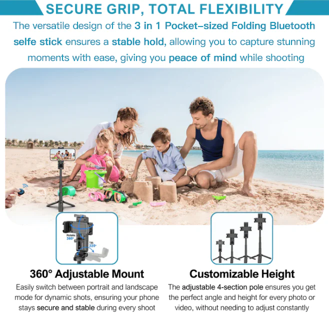 3 in 1 Pocket-sized Folding Bluetooth Selfie Stick Built-in Tripod
