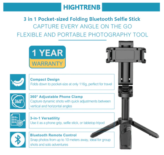 3 in 1 Pocket-sized Folding Bluetooth Selfie Stick Built-in Tripod