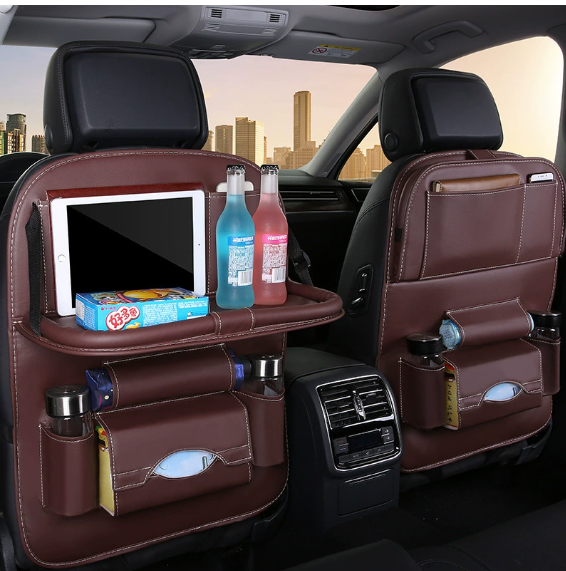 फोल्ड गर्न मिल्ने टेबलसहितको कार पछाडिको सिट छालाको अर्गनाइजर स्टोरेज ब्याग