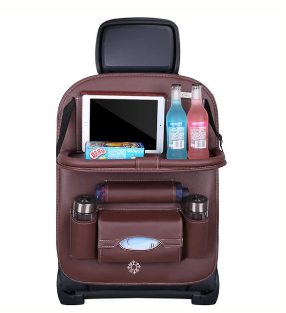 फोल्ड गर्न मिल्ने टेबलसहितको कार पछाडिको सिट छालाको अर्गनाइजर स्टोरेज ब्याग