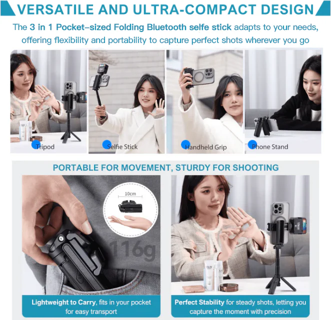 3 in 1 Pocket-sized Folding Bluetooth Selfie Stick Built-in Tripod